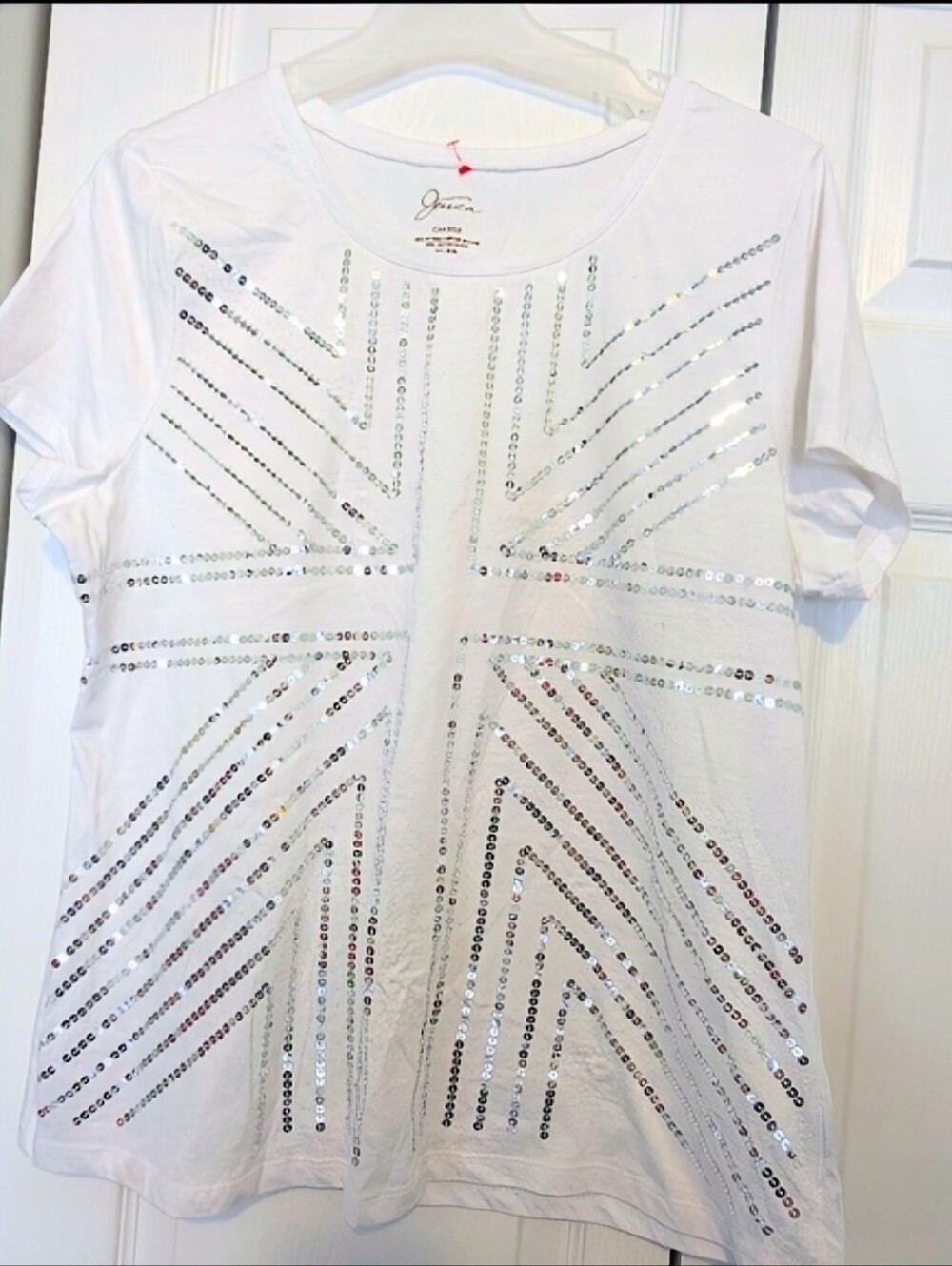 Nwot Jessica White Short Sleeve Tee with Silver Sequin Design Size XL